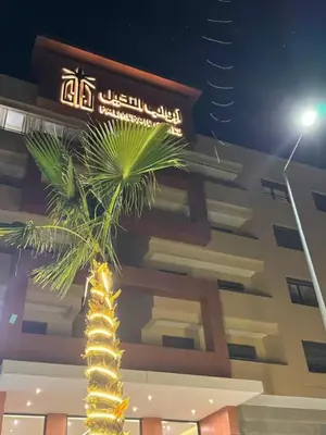 a palm tree in front of a building at night at La Palmeraie Luxueux avec Piscine et Parking in Marrakech