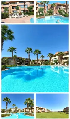 a collage of three pictures of a large swimming pool at Prestigia appartement in Marrakech