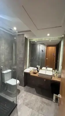 a bathroom with a toilet and a sink and a mirror at Center appartement Marrakech in Marrakech