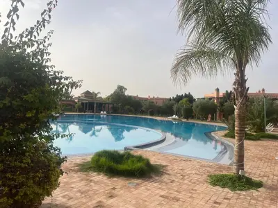 a swimming pool with a palm tree next to it at Appartement dans la palmeraie in Marrakech