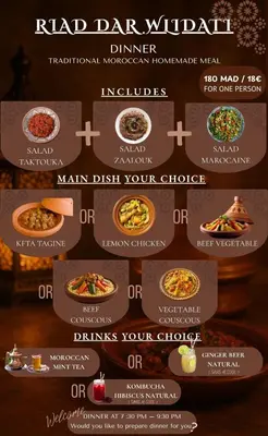 a flyer for a restaurant with different types of food at riad dar wlidati in Marrakech