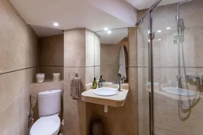 a bathroom with a toilet and a shower and a sink at Duplex with private pool in Marrakech