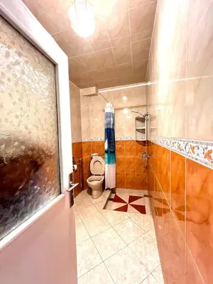 a bathroom with a toilet and a shower in it at Cozy Apartment near airport in Marrakech