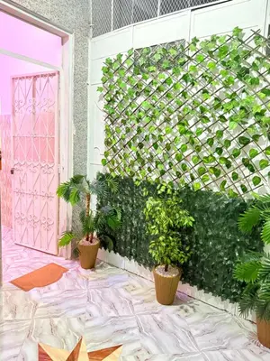 a living wall with plants and a pink door at Appart Cosy Près de laéroport Adapté au Famille in Marrakech