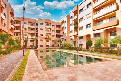 an image of an apartment complex with a swimming pool at New Apartment in Guéliz, Pool, Balcony & Parking in Marrakech