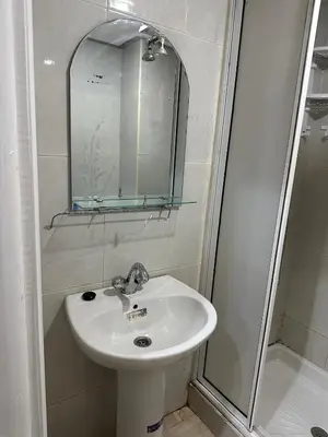 a bathroom with a sink and a shower with a mirror at le spacieux 37 pour familles face gare CTM Hivernage in Marrakech