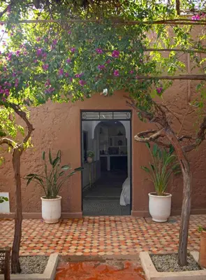 a courtyard with two potted plants and a door with flowers at Villa Em in Marrakech