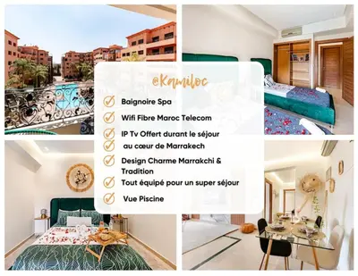 a collage of photos of a hotel room with a flyer at la cocon paisible de Marrakech in Marrakech