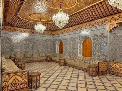 a rendering of a large room with chandeliers at Palais Bahida in Marrakech