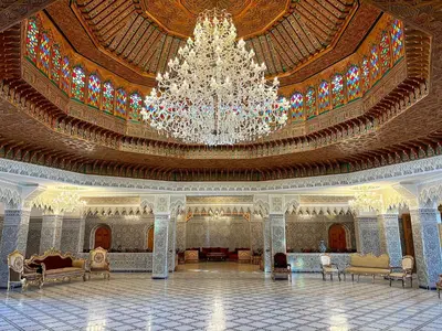 a large lobby with a large chandelier in a building at Palais Bahida in Marrakech