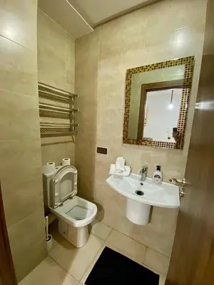a bathroom with a sink and a toilet and a mirror at Appart26 Marrakech guéliz en face la Gare in Marrakech