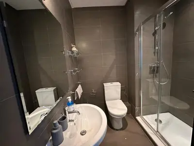 a bathroom with a sink and a toilet and a shower at Duplex à l hivernage in Marrakech