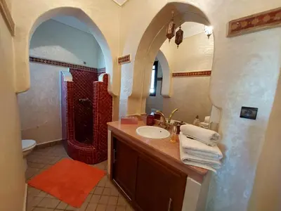 a bathroom with a sink and a shower at Jasmin d'Atlas in Marrakech