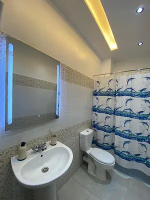 a bathroom with a sink and a toilet and a mirror at Appartement Idéal pour Votre Séjour in Marrakech