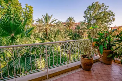 a balcony with two potted plants and palm trees at vue imprenable sur les jardins de la villa d Yves saint Laurent in Marrakech