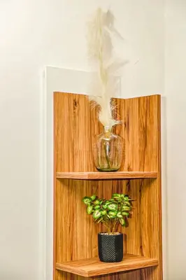 a wooden shelf with a vase and a plant on it at Lux Oasis - Marrakech Center in Marrakech