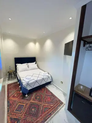 a bedroom with a bed with a rug and a tv at Riad Abrare in Marrakech