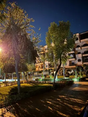 a group of trees in a park at night at Dream stay 5 swimming pools for family in Marrakech