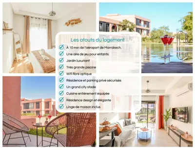 a collage of photos of a house at Maeva cosy - Clim, Wifi, Jardin à 10min de l'Aéroport in Marrakech