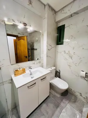 a bathroom with a toilet and a sink and a mirror at Appartement Centre de Gueliz in Marrakech
