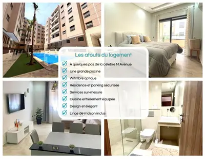 a collage of four pictures of a bedroom and a bathroom at Mama cosy - Clim, Wifi, Piscine en centre ville in Marrakech