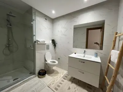 a bathroom with a shower and a toilet and a sink at Appartement familial in Marrakech