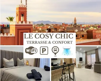 a collage of photos of a hotel room with a view of a city at Le COSY CHIC- NEUF - Modern & Chic - Terrasse et Confort - CLIM PARKING et WIFI Gratuit ! GUELIZ in Marrakech