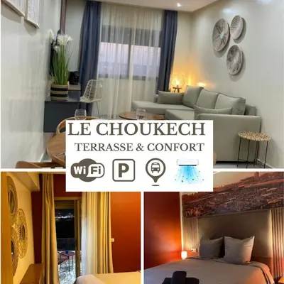a collage of three pictures of a hotel room at New ! LE CHOUKECH - Proche GARE - WIFI Inclus - CLIM et BALCON- GUELIZ by LoubnaConciergerie in Marrakech