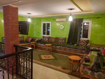 a living room with green walls and a couch at Said MM in Marrakech