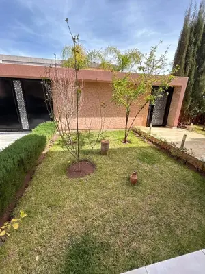 two trees in the grass in front of a building at villa Marrakesh in Marrakech