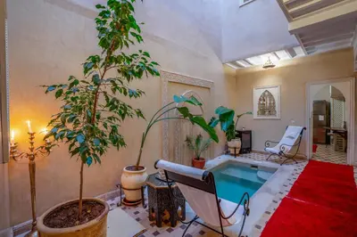 a pool in a room with plants and a red rug at Dar Flora in Marrakech
