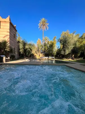 a large pool of water with a palm tree in the background at Villa kasbah de luxe, piscine et jacuzzi chauffés, jardin tropical in Marrakech