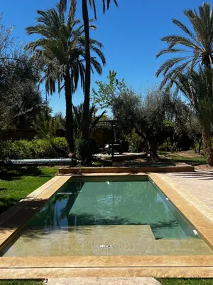 a swimming pool in a yard with palm trees at Villa kasbah de luxe, piscine et jacuzzi chauffés, jardin tropical in Marrakech