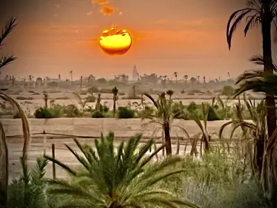 a painting of a desert with the sun in the sky at Villa kasbah de luxe, piscine et jacuzzi chauffés, jardin tropical in Marrakech