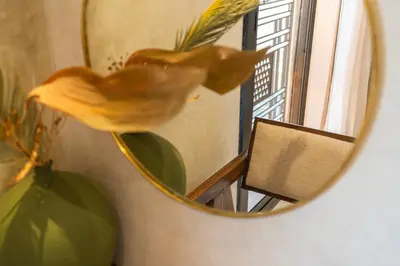 a mirror reflection of a plant and a window at Suite luxueuse avec baignoire ouverte in Marrakech