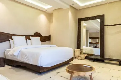 a bedroom with a large bed and a mirror at Suite avec vue époustouflante sur les jardins majorelle in Marrakech