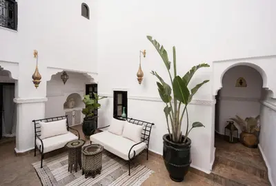 a living room with two chairs and a potted plant at Riad Privatif avec Personnel et Services Exclusifs - Kasbah Boma Marrakech I in Marrakech