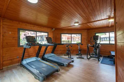 a gym with several treadmills and exercise bikes at Luxury Residence with 2 Terraces Pool and Garden View Security and Self Check-in in Marrakech