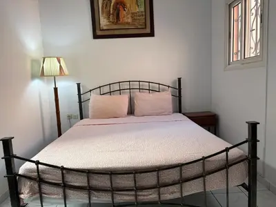 a bedroom with a bed with pink pillows and a lamp at LOGEMENT ENTIER MARRAKECh G26 N 35 in Marrakech