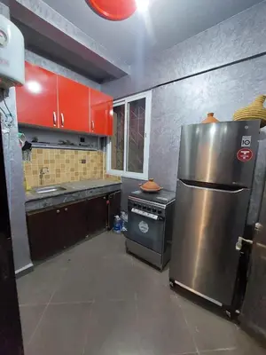 a kitchen with a stainless steel refrigerator and red cabinets at Furnished apartment close to the city center in Marrakech