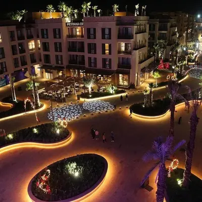 an aerial view of a city at night at Luxury Aprt 2 bedrooms Pool Hivernage City Centre in Marrakech
