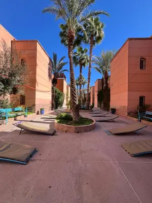 a row of mattresses on a street with palm trees at Riad 49 G26 in Marrakech