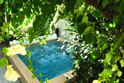 a swimming pool in a yard with green plants at Elegant Marrakech Villa with Optional Heated Pool for Ultimate Relaxation in Touggana