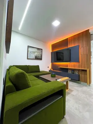 a living room with a green couch and a tv at Hivernage appartement premium in Marrakech