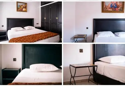 four different views of a hotel room with two beds at Hotel Appart HB in Marrakech