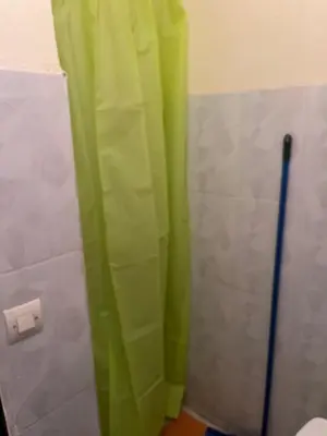 a bathroom with a green shower curtain next to a toilet at Yassmirouaq in Marrakech