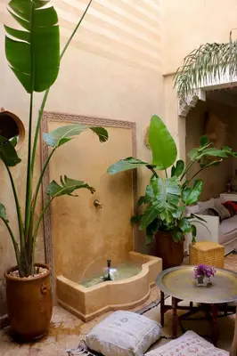a bathroom with a tub with plants and a mirror at Riad Chez moi in Marrakech