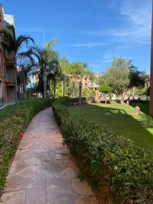 a walkway through a park with palm trees and grass at Peaceful heaven in Marrakech