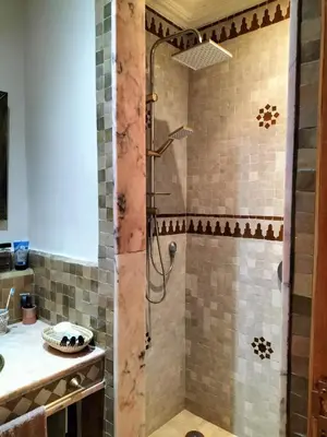 a shower in a bathroom with brown tile at Marrakech Palmeraie 2 appartement 3 ch 7 pers résidence avec piscine in Marrakech