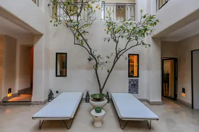 a room with two tables and a tree in it at Riad KO Nova in Marrakech